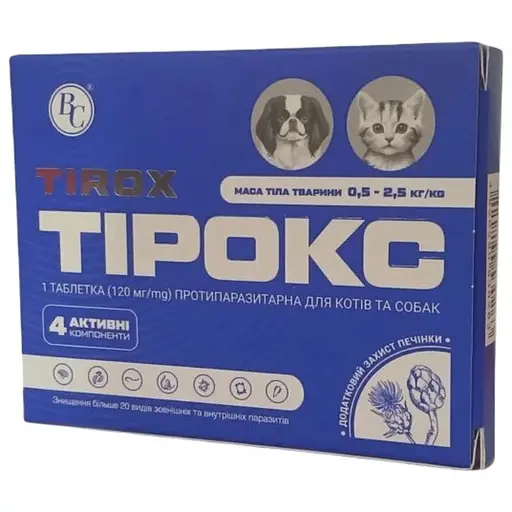 Таблетка Тірокс протипаразитарна для котів та собак 0.5-2.5 кг 120 мг - фото 1