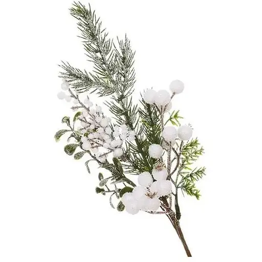 Искусственные материалы для декора 44 см Декоративная ветка хвои с ягодами Зеленый с белым - фото 1