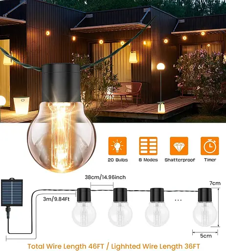 LITOHOM Солнечные гирлянды для улицы, 14M/46FT G50 солнечные гирлянды для улицы, 30 лампочек с USB-портом и пультом дистанционного - фото 2