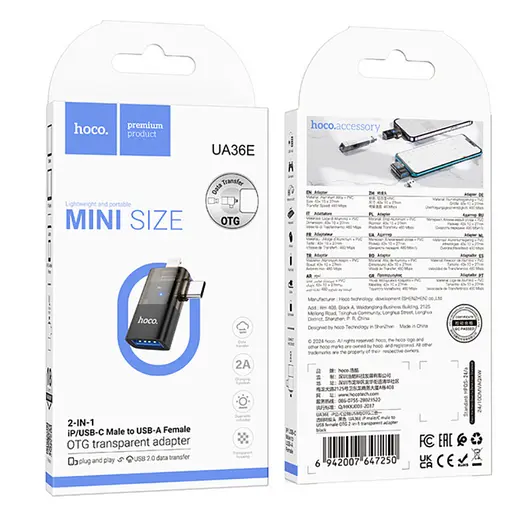Адаптер Hoco UA36E iP male/Type-C male to USB female OTG 2 в 1 transparent adapter Черный - фото 2