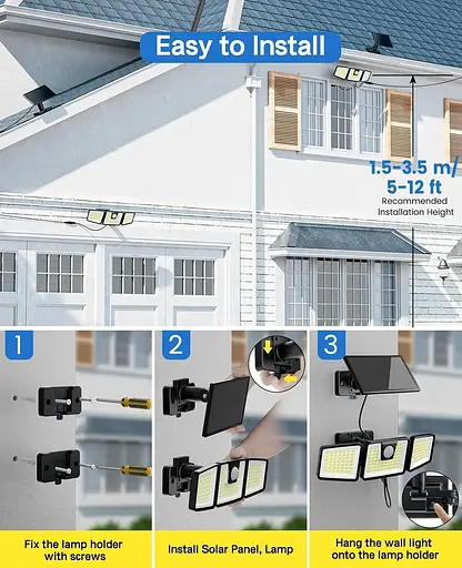 Солнечные светильники охранные, солнечные прожекторы Датчик движения 156 LED с отдельной солнечной панелью, угол освещения 270°, IP65 - фото 4