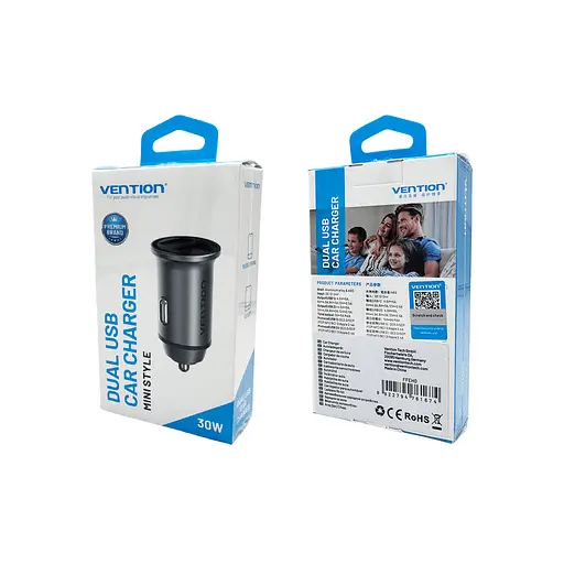 Автомобільний зарядний пристрій Vention Two-Port USB A+A(30/30) Car Charger сірий Mini Style Aluminium Alloy Type (FFEH0) - фото 2