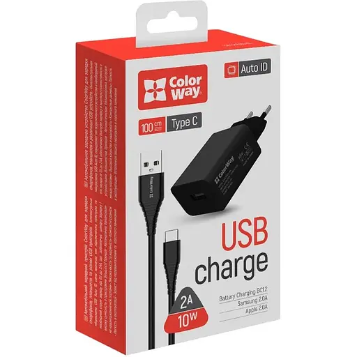 Зарядний пристрій ColorWay 1USB AUTO ID 2A (10W) Black + Кабель Type C 1м Black