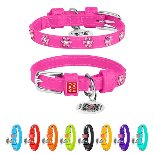 Нашийник для собак шкіряний Waudog Glamour з QR-паспортом з клейовими стразами "Квіти" Ш 12 мм Д 21-29 см рожевий - фото 2