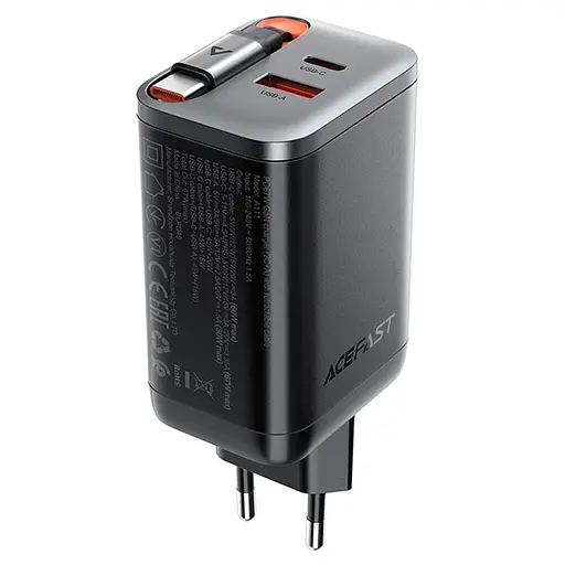 МЗП Acefast A111 GaN With Retractable Cable Type-C PD67W (1USB-A/1C) Black - фото 2