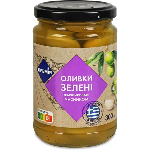 Оливки Премія зелені фаршировані часником 300 г