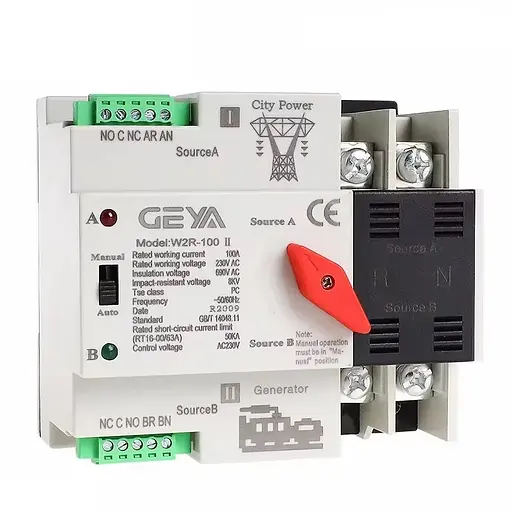 Автомат ввода резерва с автоматическим и ручным переключением Geya W2R-2P-63, 2 полюса, 63 Ампера, DIN (101063)