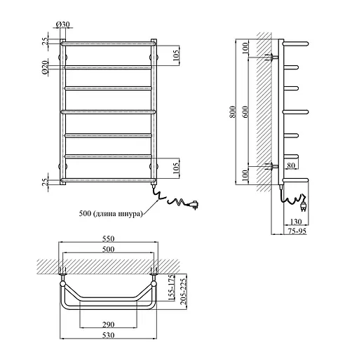 Рушникосушарка електрична Kroner Мікс ДМ07ER 800x500/7 ER CV018524, Хром, Праве - фото 2