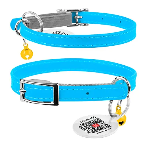 Ошейник для кошек кожаный Waudog Glamour с QR-паспортом без украшений XXS Ш 9 мм Д 17-20 см голубой