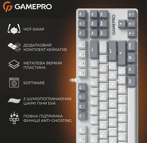 Клавіатура ігрова механічна GamePro MK-110-W USB Hot-Swap Outemu Red Switch White-Gray - фото 5