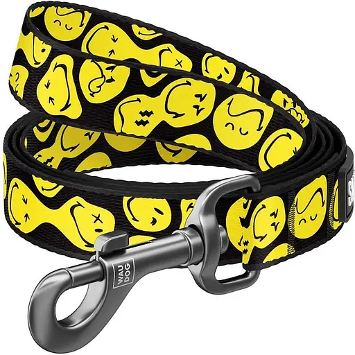 Повідець для собак Waudog Nylon нейлоновий, малюнок "Смайли на чорному", L-XXL