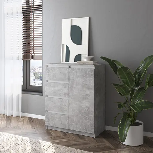 Комод Vays, современый, с полками, 4 ящика, без ручек R-32 Бетон-Белые планки