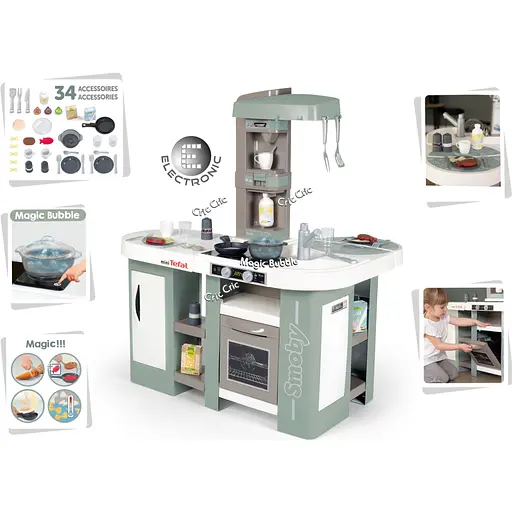 Игровой набор Smoby Большая интерактивная кухня Тефаль Студио с эффектом кипения 34 аксессуара Мятно-серая с белым (311053) - фото 2