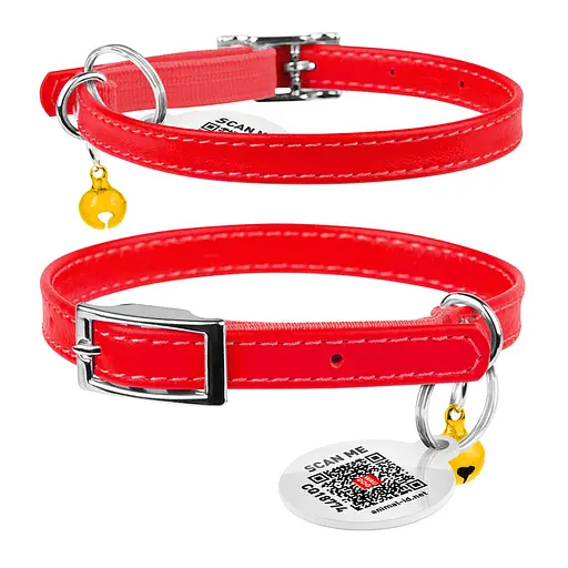 Ошейник для кошек кожаный Waudog Glamour с QR-паспортом без украшений XXS Ш 9 мм Д 22-30 см красный
