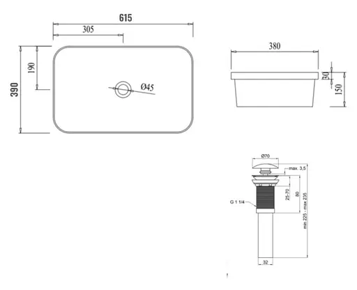 Комплект Qtap Scorpio: Раковина врезная прямоугольная 615х390х150 мм White + Донный клапан PU02 (QT1411K491WN47291) - фото 5