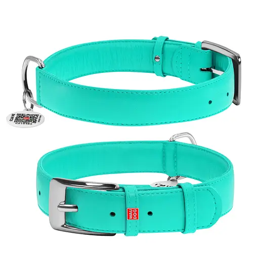 Ошейник для собак кожаный Waudog Glamour с QR-паспортом без украшений XL Ш 35 мм Д 46-60 см ментоловый