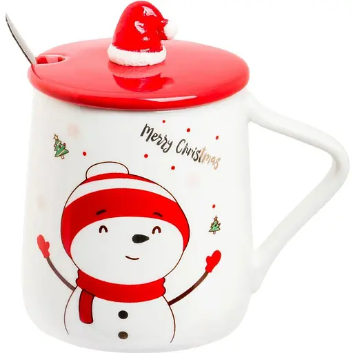 Новогодняя чашка с крышкой и ложкой С Рождеством Снеговик керамика 360 мл Белая с красным - фото 1