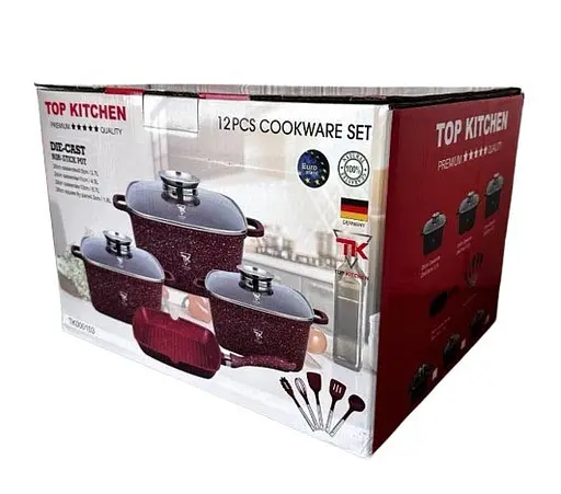 Набор кастрюль со сковородой Top Kitchen TK-000103 с гранитным покрытием 12 предметов Красный - фото 8