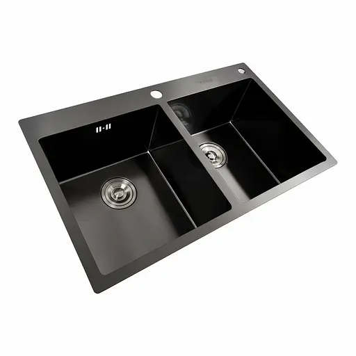 Кухонная мойка PVD черная 78x48 на две чаши Platinum Handmade HDB (круглый сифон, 3.0/0.8), Черный - фото 2