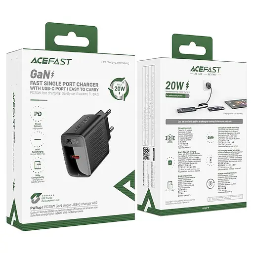 Мережевий зарядний пристрій з кабелем Acefast A82 PD20W GaN single USB-C charger set (P5) (EU) чорний - фото 2