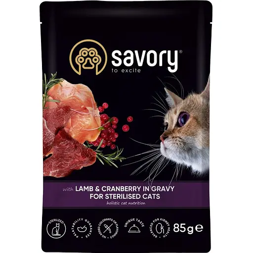 Влажный корм Savory для стерилизованных кошек ягненка с клюквой в соусе пауч 85 г - фото 1