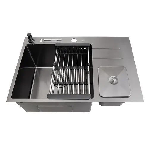 Кухонна мийка чорна з нержавіючої сталі з вбудованим смітником Nett NBM-7047, Чорний - фото 6