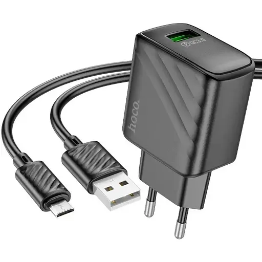 Мережевий зарядний пристрій з кабелем Hoco CS21A Rich single port QC3. 0 charger set(Micro)(EU) чорний - фото 1