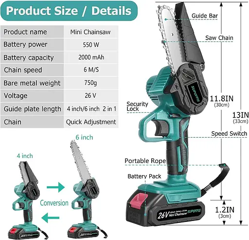 Міні ланцюгова пилка 6 дюймів 4 дюйми, акумулятор 2 x 2000 мАг, безщіткова міні-бензопила 26 В ручна одноручна - фото 3