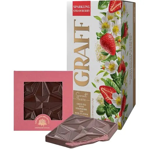 Набір: чай зелений Graff Sparkling Strawberry з ароматом полуниці та базиліка 20 шт. x 1.5 г + шоколад Львівська Майстерня Шоколаду чорний з вишнею 74 г