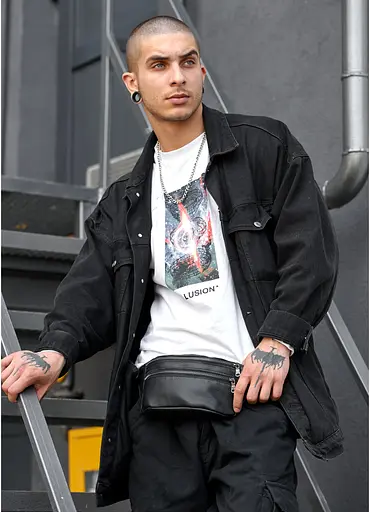 Мужская сумка на пояс бананка кожаная Sambag Tirso BTT черная 31×12×5 см (81339001m) - фото 5