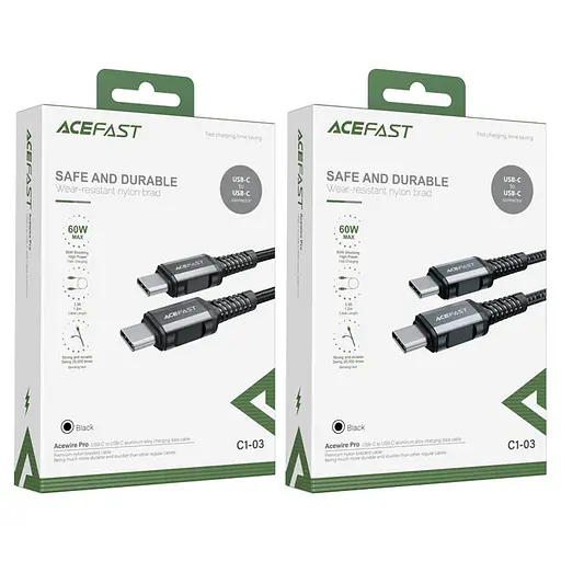 Кабель Acefast C1-03 Type-C to Type-C 3A 1.2 м nylon aluminum connectors чорний - фото 2