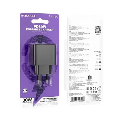 Мережевий зарядний пристрій Borofone BAS15A Erudite single port PD30W чорний - фото 3