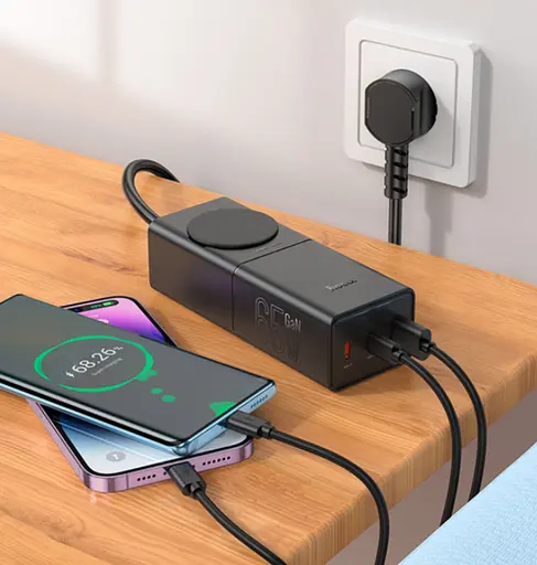 Сетевой удлинитель Hoco NS4 Sharp PD65W/2C1A desktop socket EU/GER Черный - фото 4