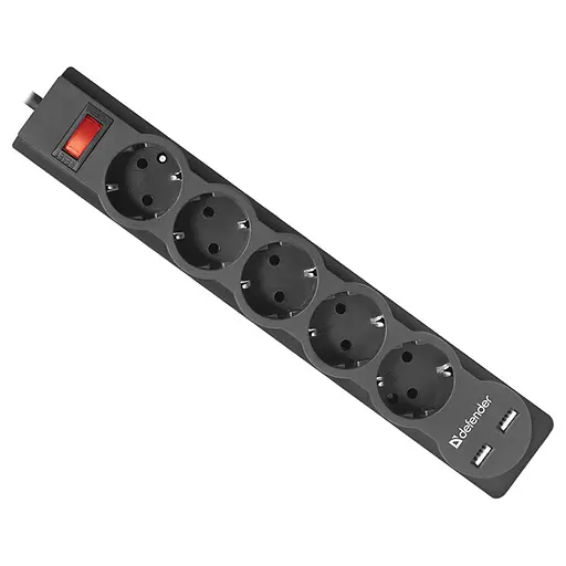 Мережевий фільтр 1.8 м, DFS 751, Black, 5 розеток, 2xUSB (2.1A), 10А, до 2.2 кВт, виключатель (99751) - фото 1