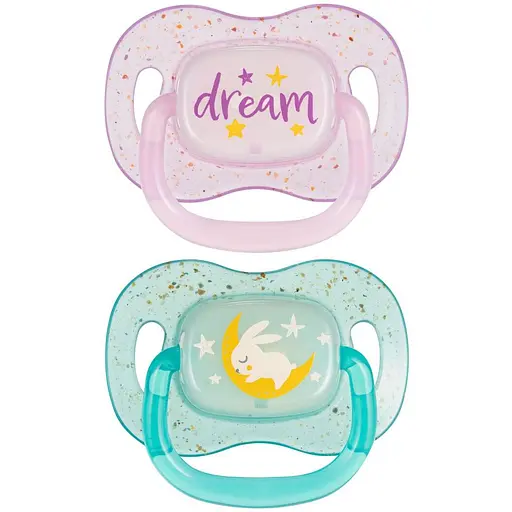 Пустышка силиконовая симметричная Canpol babies NightGlow 0-6 месяцев 2 шт. розовая (34/942_pin) - фото 1