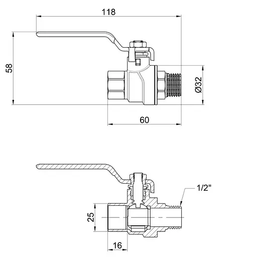 Кран шаровой Thermo Alliance Forte 1/2" ВН прямой, PN40, рычаг SF605W15 - фото 4