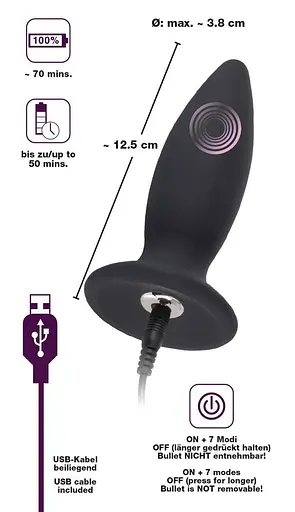 Анальна пробка Black Velvets Rechargeable Plug M 12.5 см (чорний) - фото 7