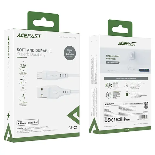 Кабель ACEFAST C3-02 USB to iP 2.4A, 1.2m, TPE, TPE connectors, White - фото 2