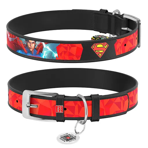 Ошейник для собак кожаный Waudog Design с QR-паспортом "Супермен1" XS Ш 12 мм Д 20-28 см черный