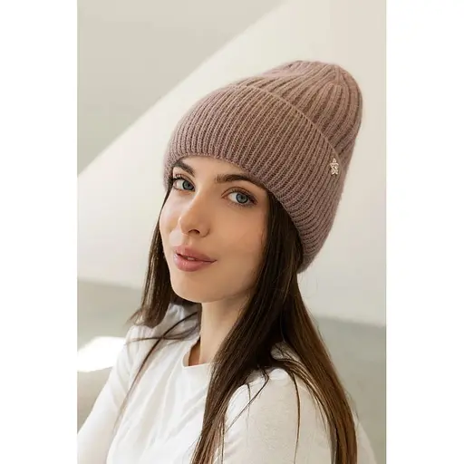 Женская зимняя шапка Бини Ангора с ангорой 80% орнаментом и флисовой подкладкой Светло-коричневый - фото 1