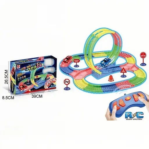 Трек на радіокеруванні 7281 підсвічування машинок, пульт керування, дорожні знаки 144 деталі - фото 2