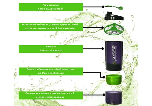 Шейкер спортивний EasyFit Spider 0,5л Чорно-зелений (EF-7200-G) - фото 3