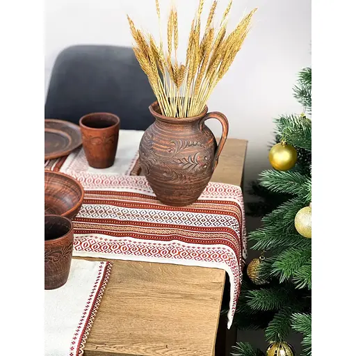 Комплект Різдвяний лляний з українським орнаментом Промінь Ранер 140х40 см + салфетки 30х40 см 32 шт. червоний