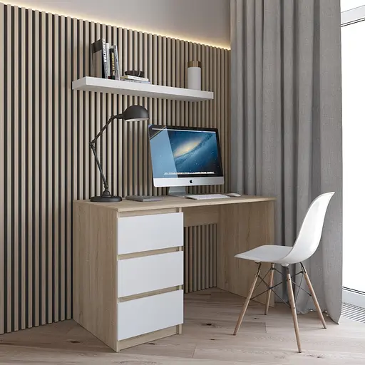 Комп’ютерний стіл Vays R-13 Дуб Сонома-Білий фасад, письмовий з тумбою зліва, 3 шухляди, без ручок, ЛДСП, 120×60×75 см - для дому та офісуручок R-13 Дуб Сонома \ Білий фасад