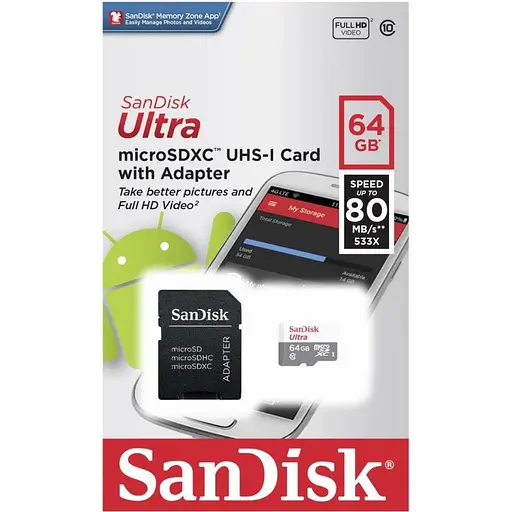 Карта памяти Sandisk 64GB microSDXC C10 UHS-I R100MB/s Ultra + SD (SDSQUNR-064G-GN3MA) - фото 2