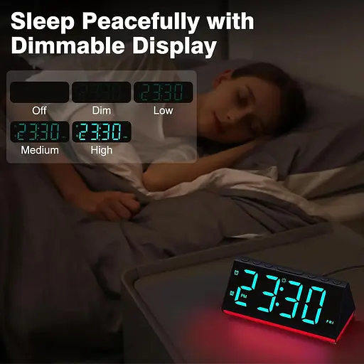 Цифровий будильник для спалень з USB-зарядними пристроями, барвисте нічне світло будильник, повтор, подвійний будильник - фото 3
