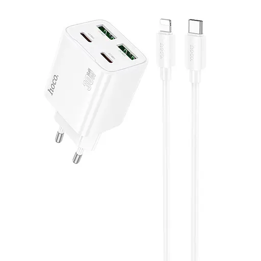 СЗУ Hoco N56 Fundador PD30W four-port (2USB-A/2C) + кабель Type-C to Lightning White
