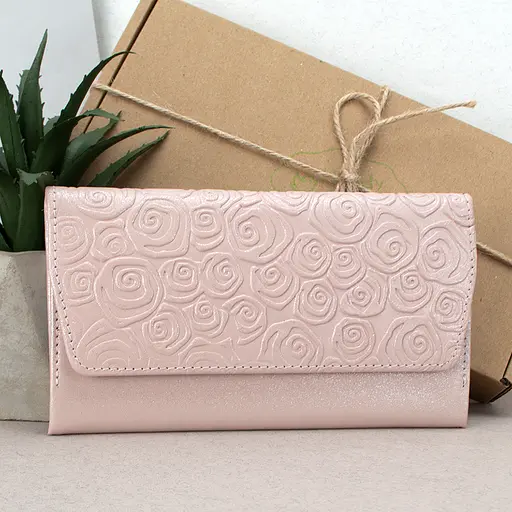 Гаманець жіночий шкіряний Leona рожеві квіти - фото 1