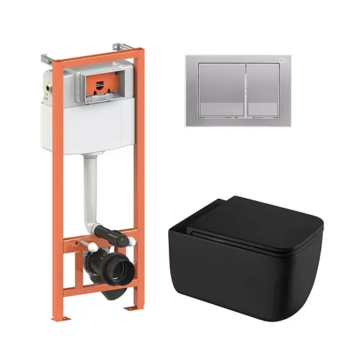 Подвесной унитаз Qtap Gemini Ultra Quiet + инсталляция Qtap Nest 4 в 1 (квадратная клавиша Satin), Черный - фото 1