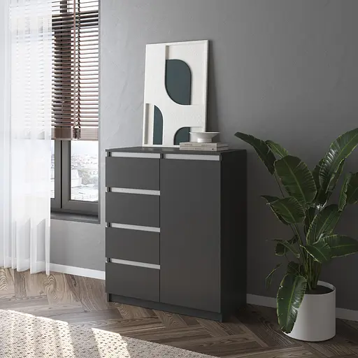 Комод Vays, современый, с полками, 4 ящика, без ручек R-32 Антрацит-Белые планки